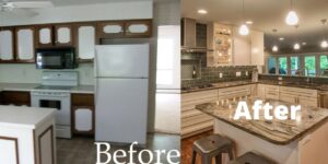 A before and after image of a kitchen remodel.